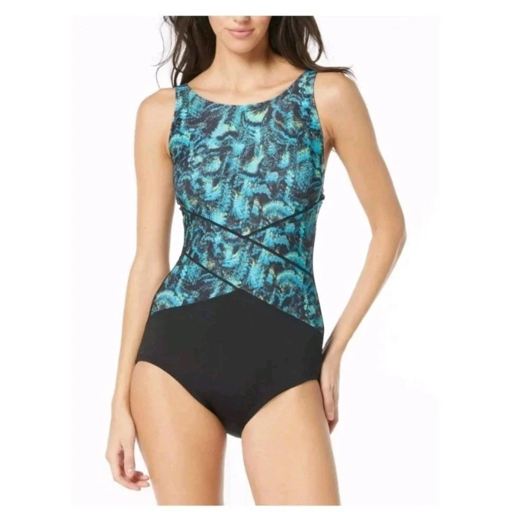 Gabar Women High Neck Abstract Bloom One Piece Swimsuit Black Blue Size 16 C Cup
